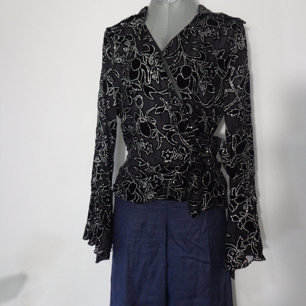 Dressbarn Women's Silk Blingy Shirt Black, Silver, Lace and Velvet Top Size L
